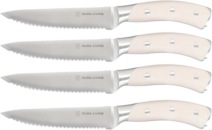 4-Piece Serrated Kitchen Steak Knife Set – Forged High Carbon Stainless Steel, Ultra Sharp, Ergonomic Black Handles, Durable Dinner Knives, Cream Handle