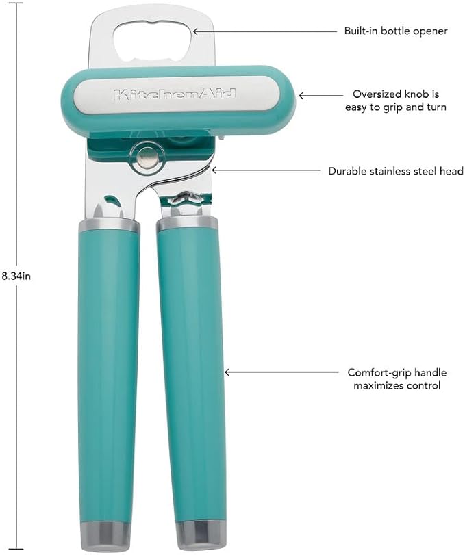 KitchenAid Classic Multifunction Can Opener and Bottle Opener Easy to Use, Razor Sharp Stainless Steel Cutting Wheel, Soft Ergonomic Handles, Aqua Sky
