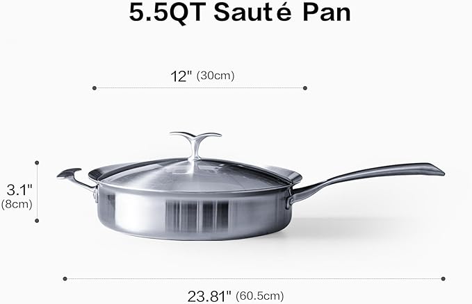 Saute Pan with Lid–12 Inch Deep Frying Pan 5.5qt for Stir-Fry & Searing,5-Ply Stainless Steel Saute Pan Nonstick Non Toxic, PTFE & PFOA Free Non Stick Skillet,Induction, Oven & Dishwasher Safe