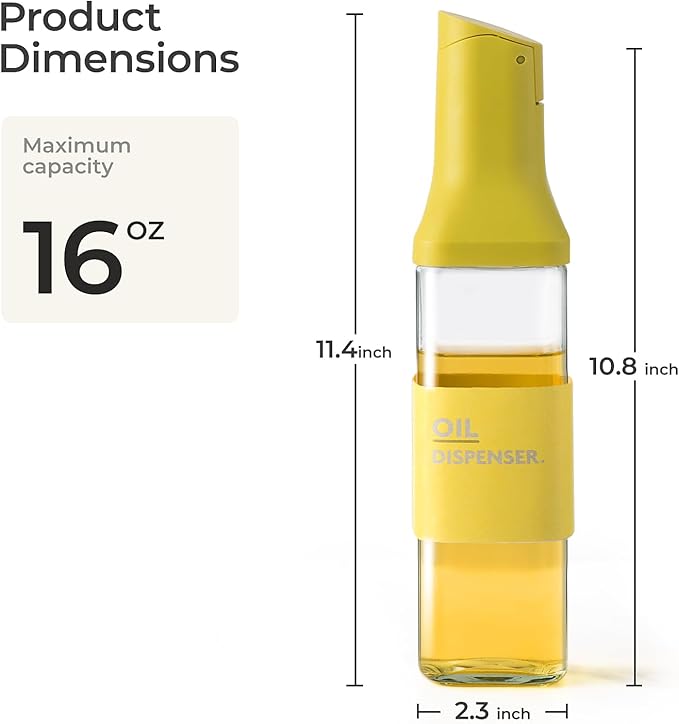 Olive Oil Dispenser for Cooking - 16oz Leakproof Glass Oil Dispenser Bottle with Gravity Spout, Air Fryer, BBQ, Healthy Salad & Non-Stick Pans, BPA-Free, Easy to Refill and Use, Yellow