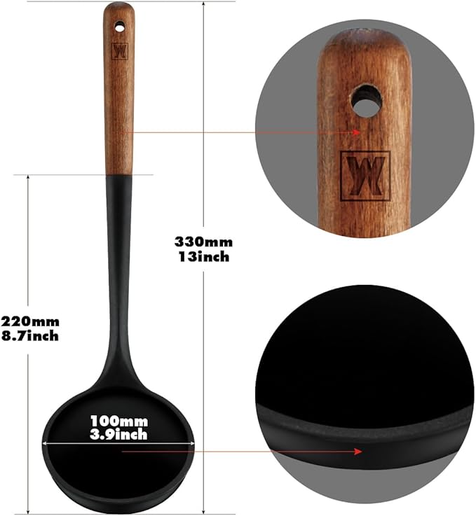 Set of 2pc Silicone Cooking Utensils: Wooden Handle Slotted Spatula + Cooking Ladle, Heat Resistant Cooking Utensil, BPA Free, Protects Surfaces with Gentle Head Design