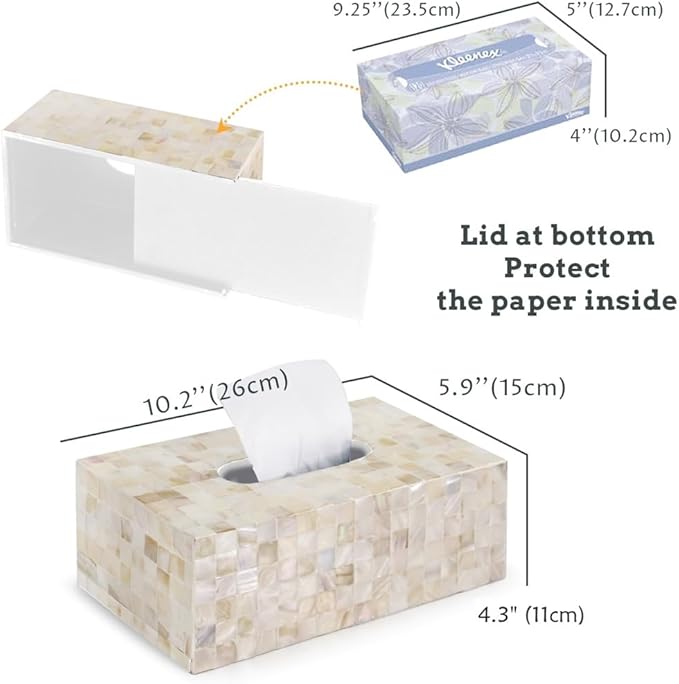 PEMAR Rectangular Mother of Pearl Lacquer Nacre Inlay Wood Tissue Box, Handmade Rectangle Tissue Box Cover Holder Decorative Napkin Dispenser Organizer Rustic Farmhouse Vintage Decor (White Sand)