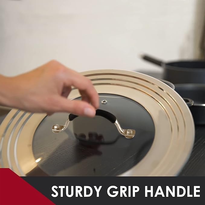 Stainless Steel Universal Lid for Pots, Pans and Skillets - Fits 7" to 12" Pot and Pans - Tempered Glass with Stainless Steel Rim Replacement Frying Pan Cover and Cast Iron Skillet Lid