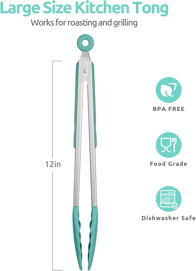 Heat Resistant Silicone Kitchen Tong: U-Taste 12 inch Large 480ºF Hot Proof Cooking Tong with Sturdy Non Stick Rubber Tips & Silicon Coated Steel Handle & Smooth Locking for Serving Salad (Aqua Sky)