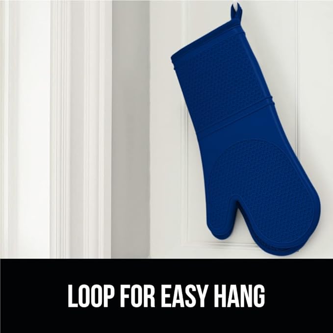 GORILLA GRIP BPA-Free Soft Silicone Oven Mitts, 14.5x8.3, Heat Resistant and Waterproof Cooking Gloves, Thick Cotton Lining, Flexible Gripping for Baking Grilling, Kitchen Potholders Set of 2, Blue