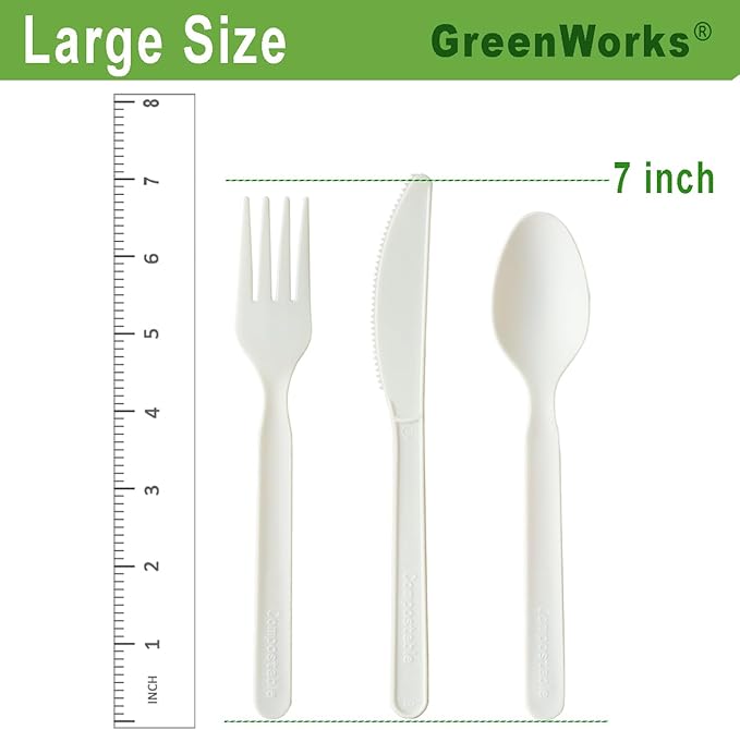 GreenWorks 150 Count 7" Heavy-duty Compostable Utensils,50 Forks 50 Spoons 50 Knives Cutlery Set,BPI Certified Large Disposable Flatware Set
