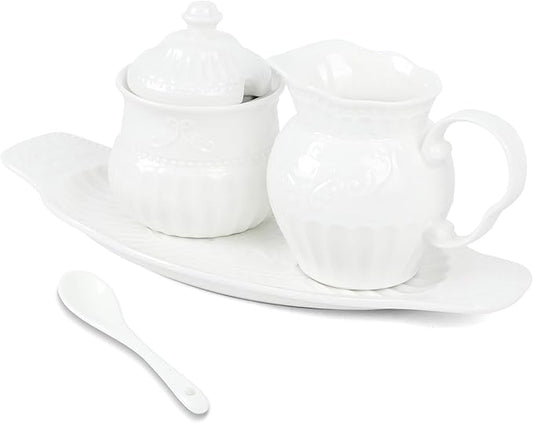 Ceramic Sugar and Creamer Set, Cream Pitcher Sugar Bowl with Lid and Spoon, Sugar and Creamer Container for Coffee Bar (4)
