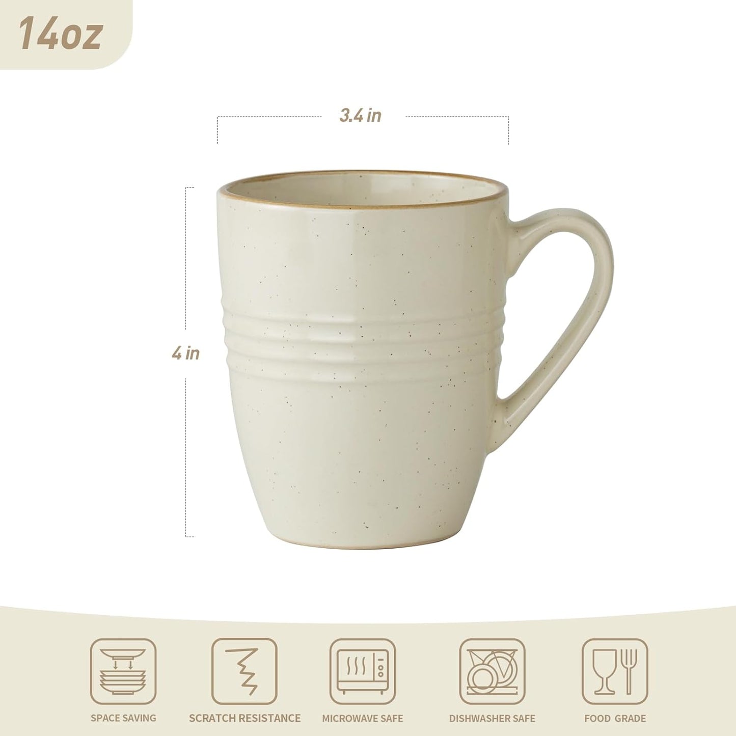 famiware Jupiter Coffee Mugs Set of 4, 14 OZ Coffee Mug, Microwave and Dishwasher Safe, Coffee Cups with Handle for Coffee, Tea, Cocoa, Milk, Vanilla White