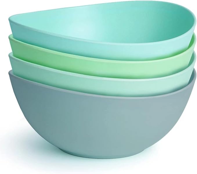 9.6'' Serving Bowls, Bamboo Fiber Salad Bowls Set of 4, 2.6Qt/84 Ounce, Large Bowls for Kitchen,Curvy Shape Big Deep Bowl for Salad,Vegetable,Fruit,Cereal, Lightweight & Easy to Clean(Multi Turquoise)