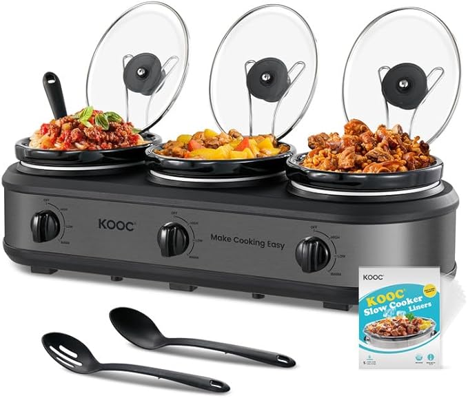 KOOC Triple Slow Cooker Buffet Server and Food Warmer 3x1.5 Quart Individual Temp Control With Lid Rests & Spoons With Liners Included Grey