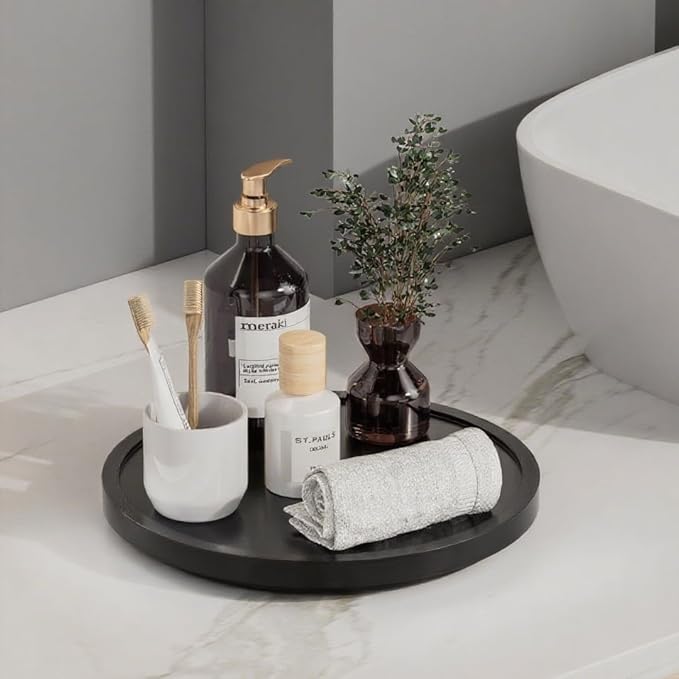 LAMU 11'' Wood Lazy Susan Organizer Turntable for Cabinet, Lazy Susan for Table Top, Pantry, Kitchen, Bathroom, Countertop, Rotating Spice Organizer, Vanity Decor Tray, Pine Wood, Black