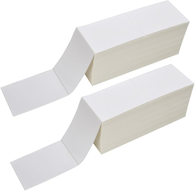 2 Stacks Fanfold 4" x 6" Direct Thermal Labels, 2000 Labels Per Stack, White Perforated, Permanent-Adhesive, Compatible with Zebra, Rollo and Most Thermal Label Printer