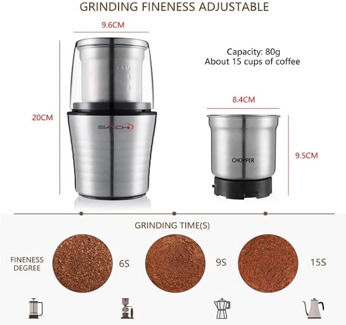 Saachi 2-in-1 Electric Coffee Grinder Plus Wet and Dry Spice Grinder with 2 Stainless Steel Blades Removable Bowls, SA-2915