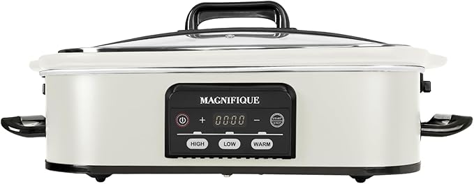 MAGNIFIQUE Small 4 Quart Casserole Programmable Slow Cooker with Ceramic Baking Dish - Perfect Kitchen Small Appliance for Family Dinners, Oven Safe and Durable Bakeware for Lasagna, Roasts (White)