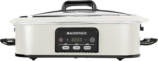 MAGNIFIQUE Small 4 Quart Casserole Programmable Slow Cooker with Ceramic Baking Dish - Perfect Kitchen Small Appliance for Family Dinners, Oven Safe and Durable Bakeware for Lasagna, Roasts (White)