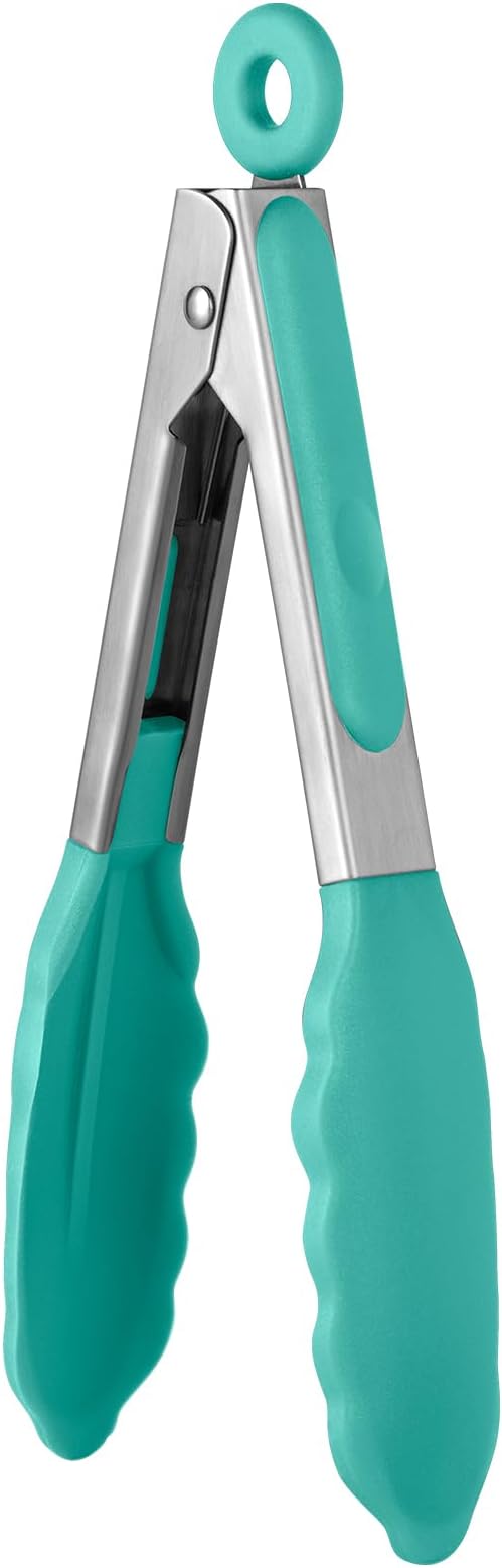 600ºF Heat Resistant Kitchen Tong: U-Taste 7in Silicone Cooking Tong with Firm Sealed Non Stick Rubber Tips & Silicon Coated 18/8 Stainless Steel Handle & Smooth Locking for Serving Salad (Aqua Sky)
