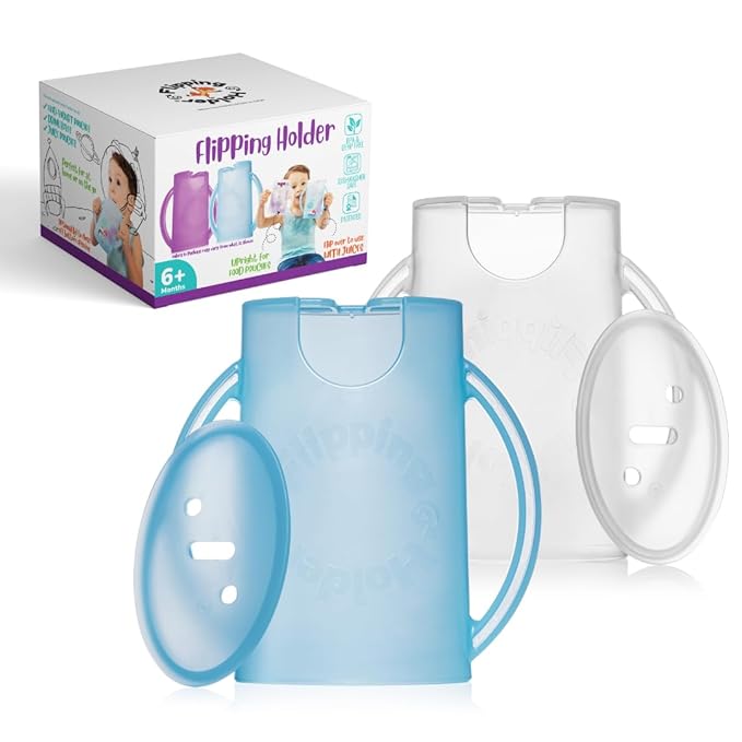 Squeeze Proof Food Pouch Holder for Toddlers, Babies, Kids, Mess Free No Squeeze Juice Box Drink and Applesauce Snack Holder with Easy Grip Handles and Lid