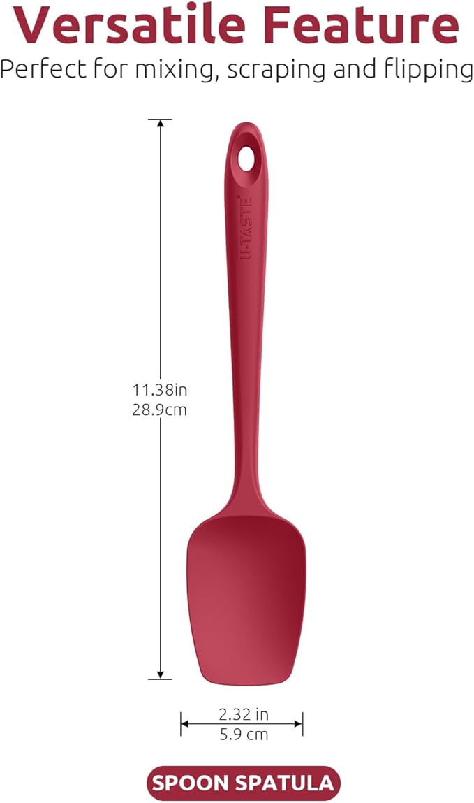 U-Taste Silicone Spoon Spatula Set: 480ºF Heat Resistant Food Grade Flexible Rubber Spoonula, Nonstick Cooking Mixing Scooping Kitchen Baking Scraper Utensils Set of 3 for Pan, Pot, Bowl (Red)