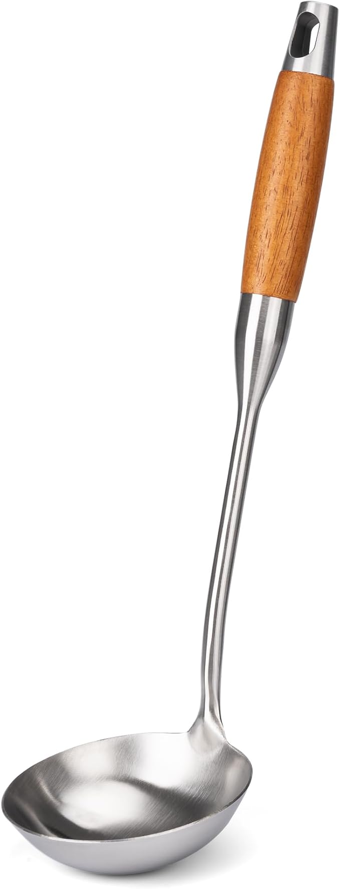 FJNATINH Soup Ladle, Stainless Steel Ladle with Heat Resistant Wooden Handle, Food Grade Metal Cooking Soup Spoon Kitchen Tools, Easy to Clean