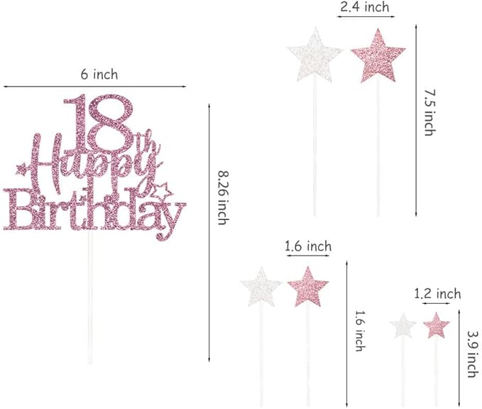 Glittery 18th Happy Birthday Cake Topper with Star,Personalised 18 Birthday Cake Toppers Party Decorations Party Supplies for Boys Girls Rose Gold