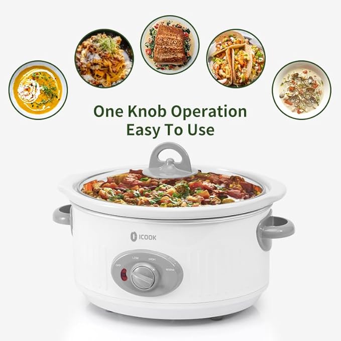 ICOOK Slow Cooker 3.5 Quart USC-351-OG,Dishwasher Safe Crock/Ceramic inner pot and Glass lid,Small Slow Cooker,Oval Shape,White