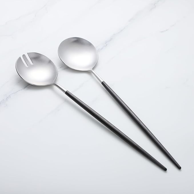Salad Servers,Spoon and Fork Set 11.41 inch,18/10 Stainless Steel Salad Serving Titanium Plating (black silver)