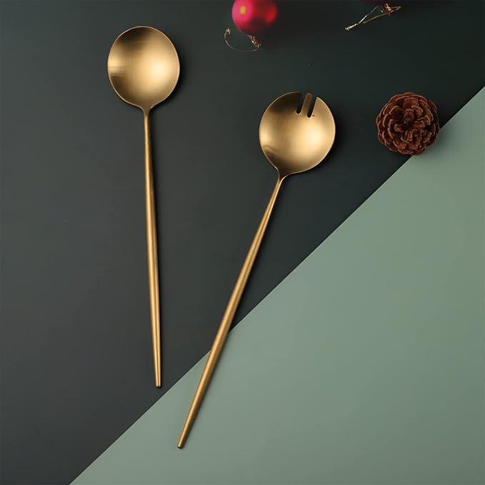 Salad Servers,Spoon and Fork Set 11.41 inch,18/10 Stainless Steel Salad Serving Titanium Plating (Gold)