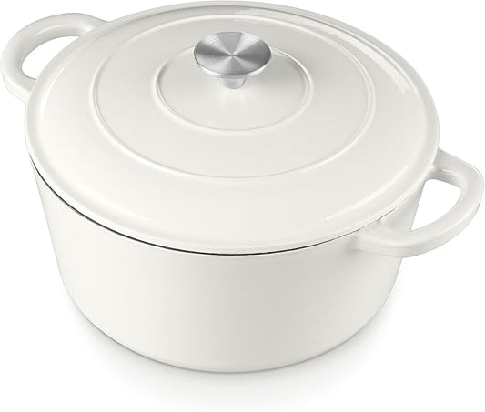 E-far 6 Quart Dutch Oven, Enameled Cast Iron Dutch Oven Pot with Lid, Nonstick Round Cookware for Braising/Stews/Roasting/Bread Baking/Cooking, Heavy Duty, Induction & Oven Safe - White