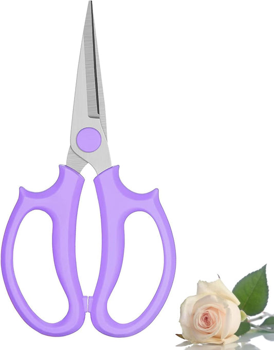 Leize Flower Scissors, Premium Thickened Stainless Steel Floral Shears, Strong Pruner for Flowers, Branches and Leaves (Purple Slender)