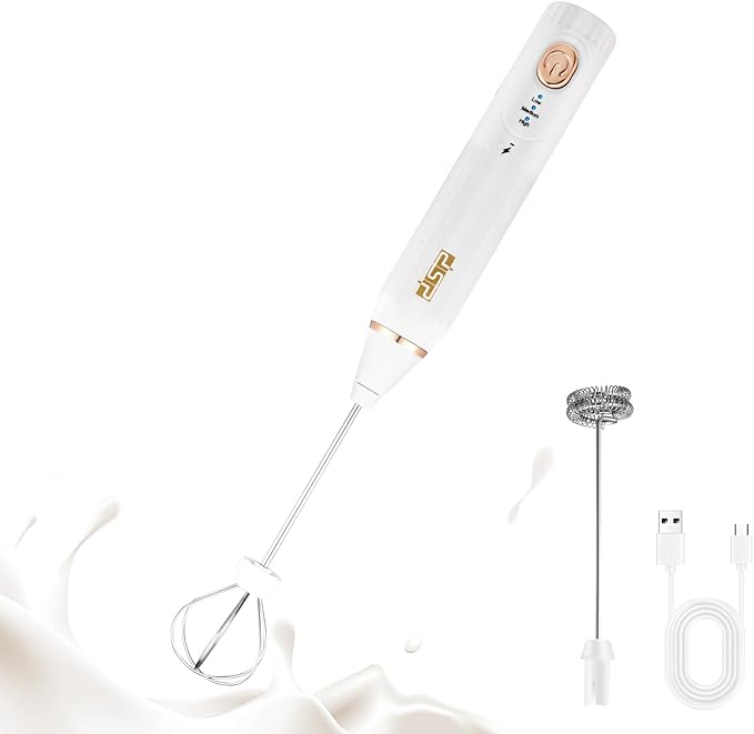 DSP Electric Whisk Rechargeable with Egg whisk milk frothing bar, 3 Speed Adjustable, Milk Frother Handheld for Latte, Cappuccino (White)