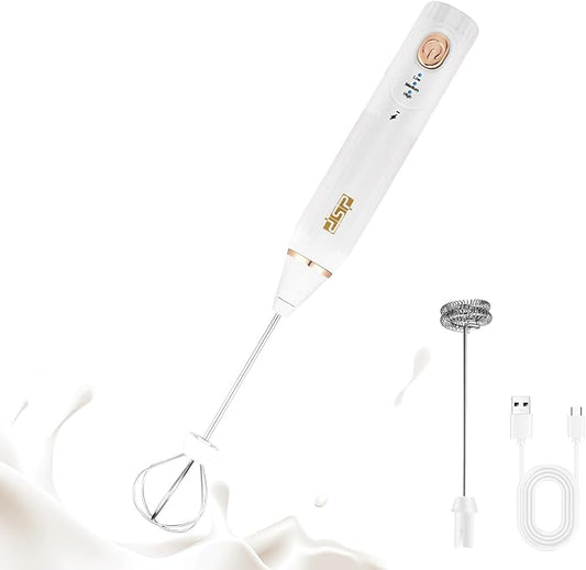 DSP Electric Whisk Rechargeable with Egg whisk milk frothing bar, 3 Speed Adjustable, Milk Frother Handheld for Latte, Cappuccino (White)