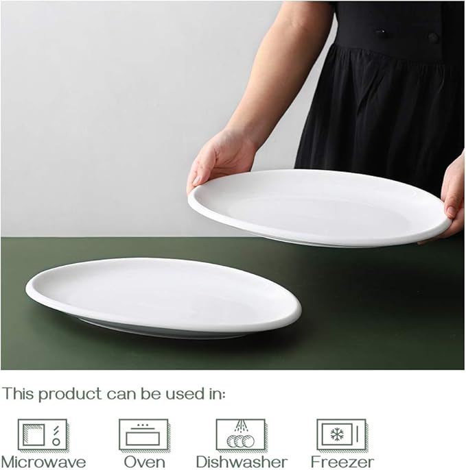 DOWAN 14" Serving Platters for Entertaining, Oval Soft White Serving Plates, Party Serving Trays and Platters Oven Safe, Porcelain Dinner Serving Tray Serving Dishes for Meat, Set of 2