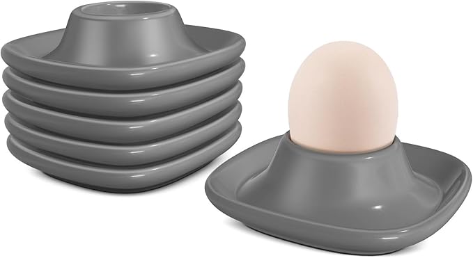 Flexzion Egg Cups for Soft Boiled Eggs - Set of 6 Ceramic Egg Holder - Stackable Egg Coddler Cups with Base for Serving, Breakfast, Brunch - Kitchen Table Decor, Gray