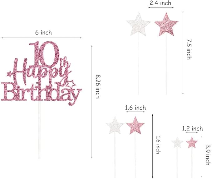 Glittery 10th Happy Birthday Cake Topper with Star,Personalised 10 Birthday Cake Toppers Party Decorations Party Supplies for Boys Girls Rose Gold