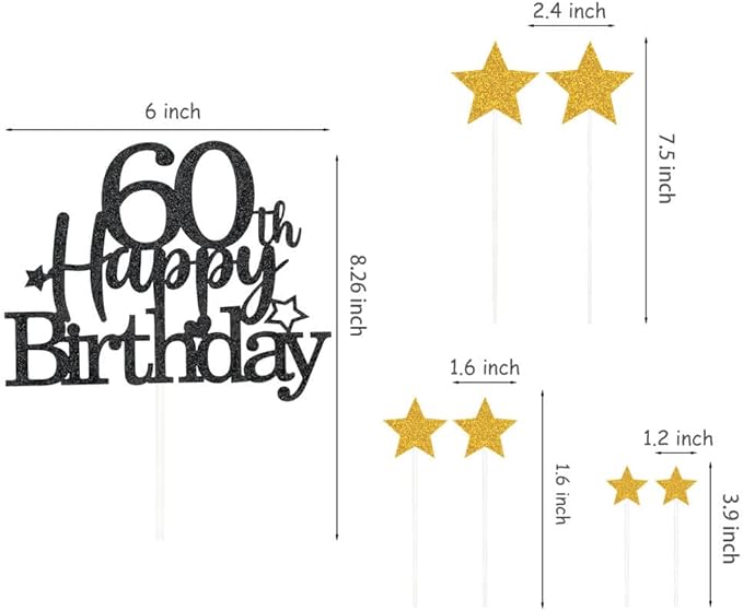 Glittery 60th Happy Birthday Cake Topper with Star,Personalised 60 Birthday Cake Toppers Party Decorations Party Supplies for Men Women Black Gold