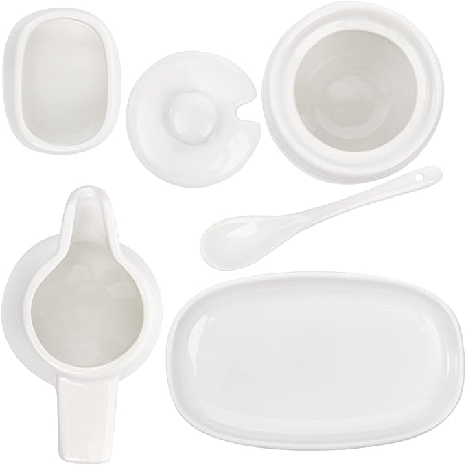 ZENFUN Set of 4 Porcelain Creamer and Sugar Set with Saucer, Sugar Bowl with Lid and Spoon, Cream Pitcher, Sweetener Holder, Coffee Serving Set for Kitchen Home Cafe Party, Restaurant, White