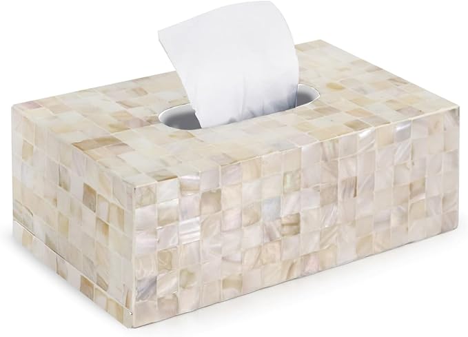 PEMAR Rectangular Mother of Pearl Lacquer Nacre Inlay Wood Tissue Box, Handmade Rectangle Tissue Box Cover Holder Decorative Napkin Dispenser Organizer Rustic Farmhouse Vintage Decor (White Sand)