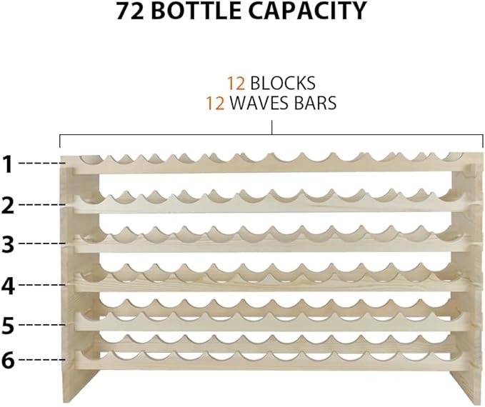 Smartxchoices 72 Bottles Stackable Modular Wine Rack, 6-Tier 72 Slots Floor Wine Storage Stand Wooden Wine Holder Display Shelves, Wobble-Free, Solid Wood, Floor Free Standing