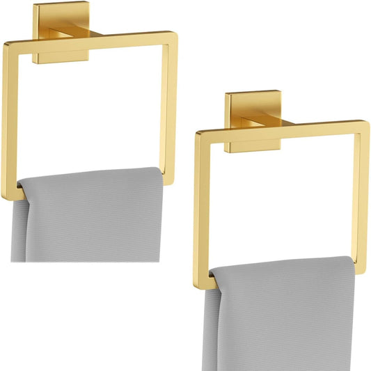 2-Piece Brushed Gold Square Towel Ring,Hand Towel Holder,SUS304 Stainless Steel Modern Towel Holder Wall-Mounted Bathroom Towel Ring