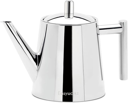 Easyworkz Stainless Steel Double Wall 34 oz Tea Pot with Removable Tea Infuser, Perfect for Brewing Your Favorite Tea, Chrome