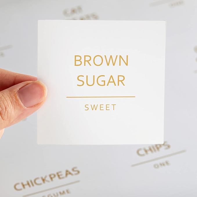 Talented Kitchen Labels for Storage Bins & Food Containers - 2.5 x 2.5-Inch Matte White Vinyl Squares - Metallic Gold Text Peel & Stick - Water-Resistant for Jars & Pantry Organization
