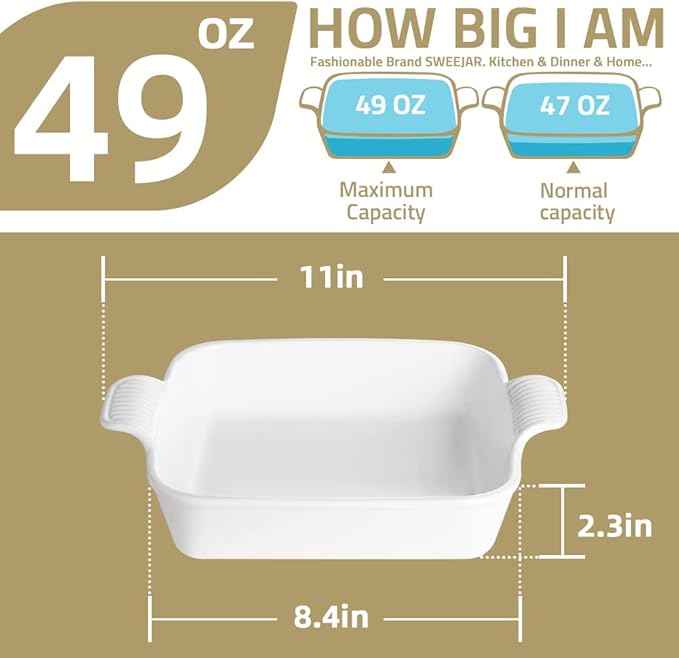 Sweejar Ceramic Baking Dish, 8 x 8 Cake Baking Pan for Brownie, Porcelain Square Bakeware with Double Handle for Casserole, Lasagna, Family Dinner (Red)