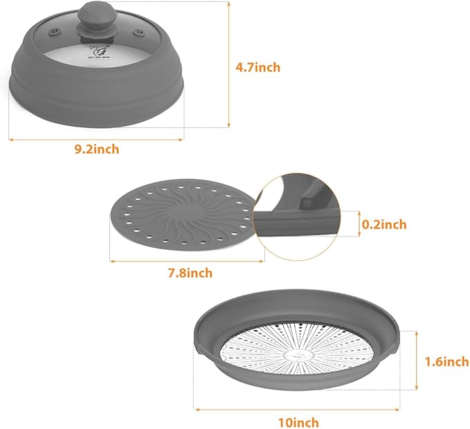 Microwave Splatter Silicone Cover Collapsible, Vented Multifunction Splash Lid with Glass Dish Bowl Plate for Food Cooking Bacon Maker, Dishwasher Safe BPA-Free 9 inch Cookware Set Grey