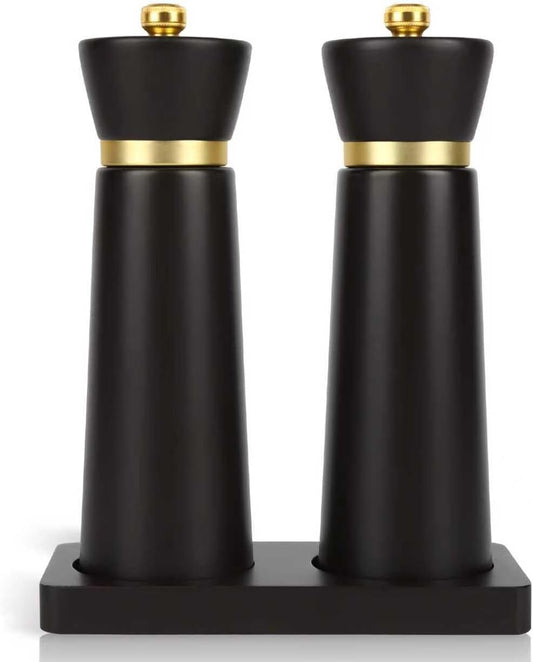 Wooden Salt and Pepper Grinder Set, Salt grinder Refillable with adjustable Coarseness, Beach Wood Pepper Grinder Manual, Salt and Pepper Shakers Matching Wooden tray-Ideal for Gifting