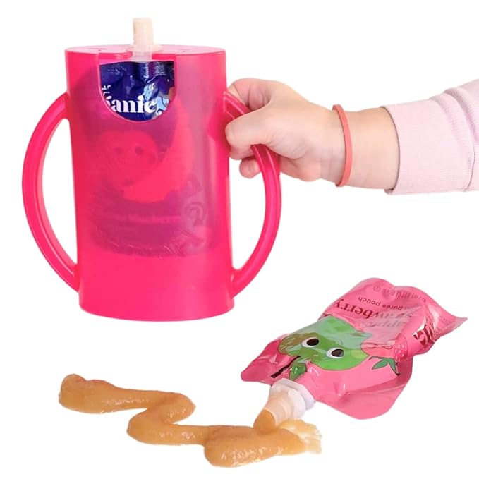 Squeeze Proof Food Pouch Holder for Toddlers, Babies, Kids, Mess Free No Squeeze Juice Box Drink and Applesauce Snack Holder with Easy Grip Handles and Lid