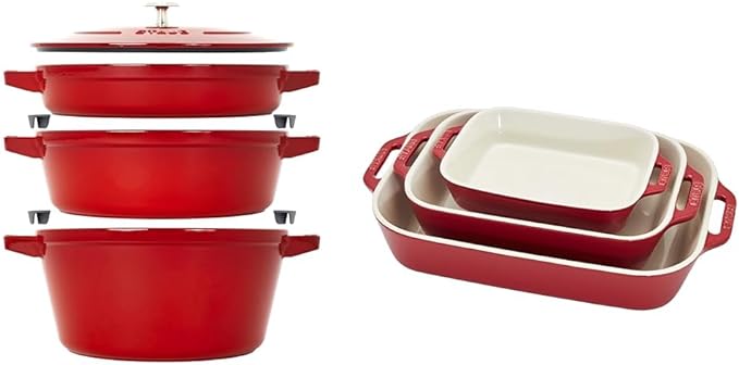 STAUB Cast Iron Set 4-pc, Stackable Space-Saving Cookware Set, Dutch Oven, Skillet, Grill Pan & Ceramic Baking Dish Set, 3pc, Cherry