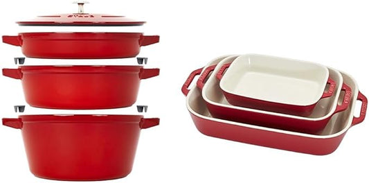 STAUB Cast Iron Set 4-pc, Stackable Space-Saving Cookware Set, Dutch Oven, Skillet, Grill Pan & Ceramic Baking Dish Set, 3pc, Cherry