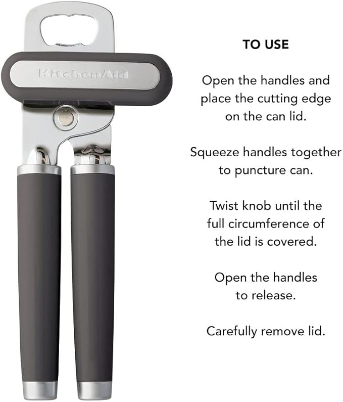 KitchenAid Classic Multifunction Can Opener and Bottle Opener Easy to Use, Razor Sharp Stainless Steel Cutting Wheel, Soft Ergonomic Handles, Charcoal