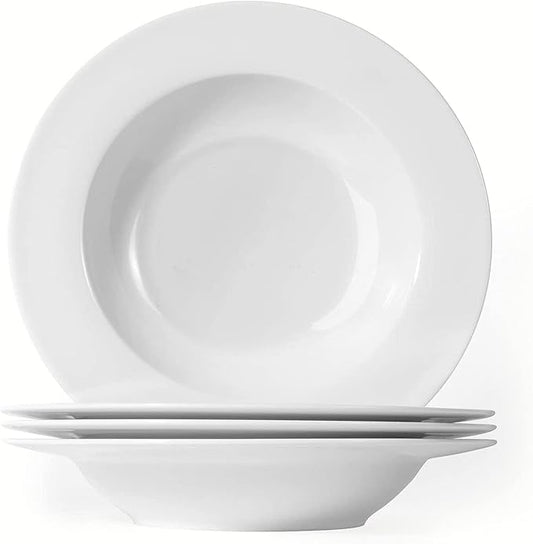 Artena 8 Ounces Pasta Bowls Set of 4, 8.5 inch Soup Bowls, Advanced Porcelain Salad Bowl, Wide Rim Pasta Plates, Shallow Bowls for Kitchen, Rimmed White Plates and Bowls Set, Microwave Oven Safe
