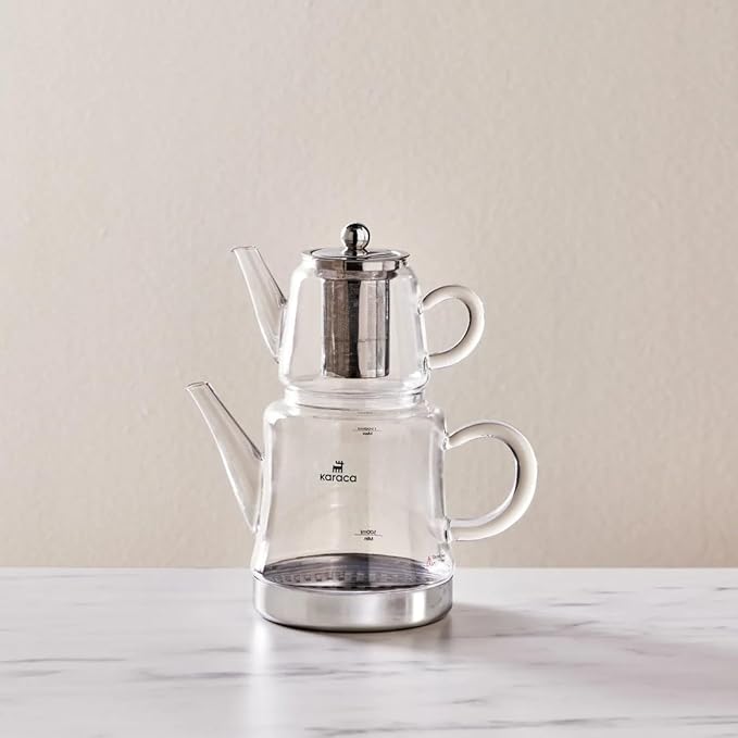 Karaca Dora Teapot Set, Glass, Tea Pot 0.45 L, Kettle 1.8 L, Silver, Transparent, Tea Maker, Turkish Tea Kettle, Tea Maker
